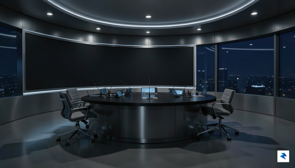 A wide-angle, cinematic photograph of a dimly lit, modern television&hellip;
