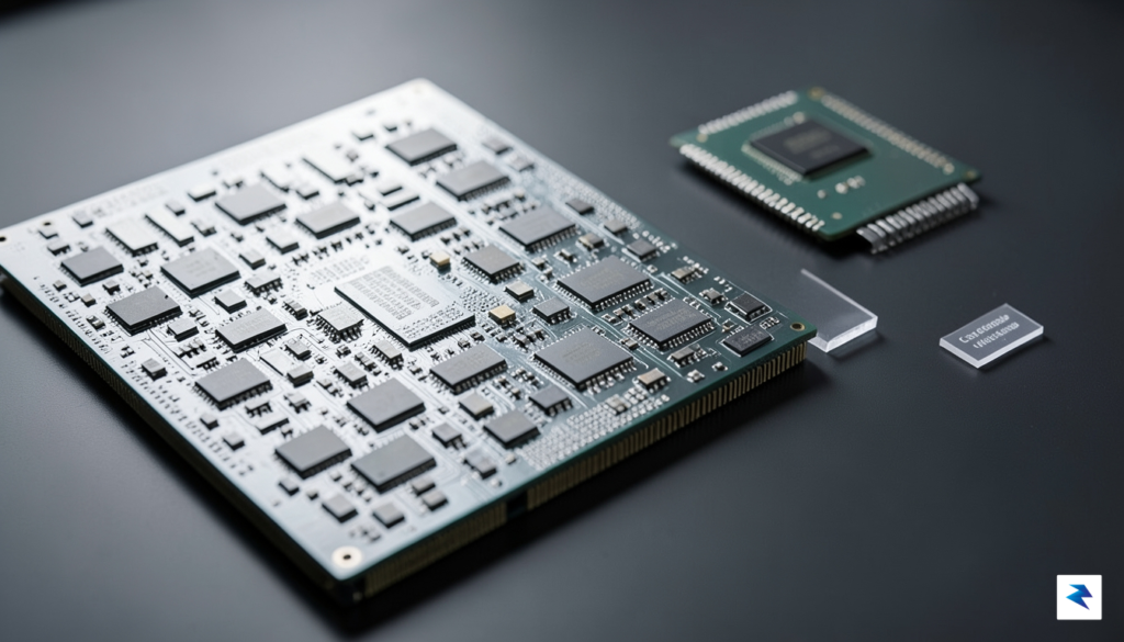 A close-up, high-tech photograph of a Cerebras Wafer-Scale Engine chip&hellip;