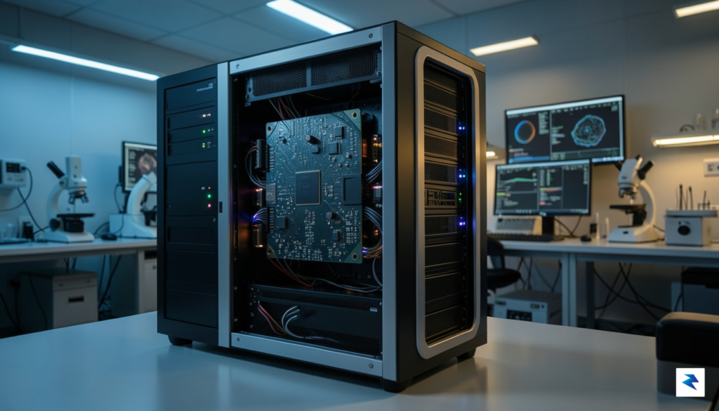 A high-tech laboratory setting showcasing a glowing, large-scale silicon wafer&hellip;
