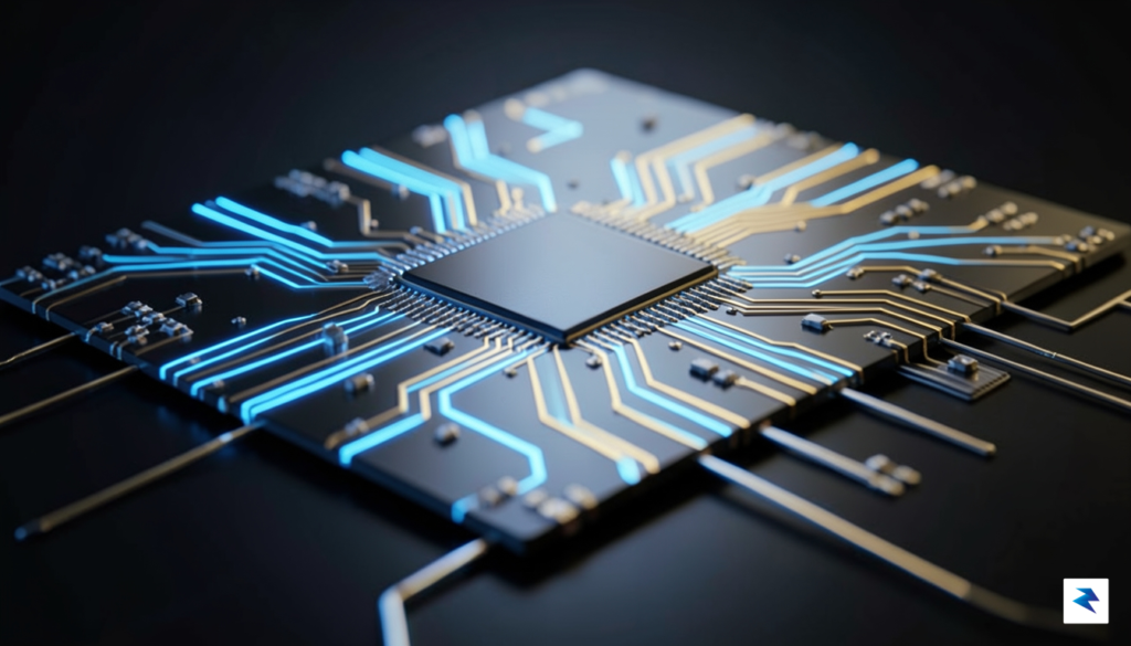 A close-up, high-tech rendering of a wafer-scale semiconductor chip illuminated&hellip;