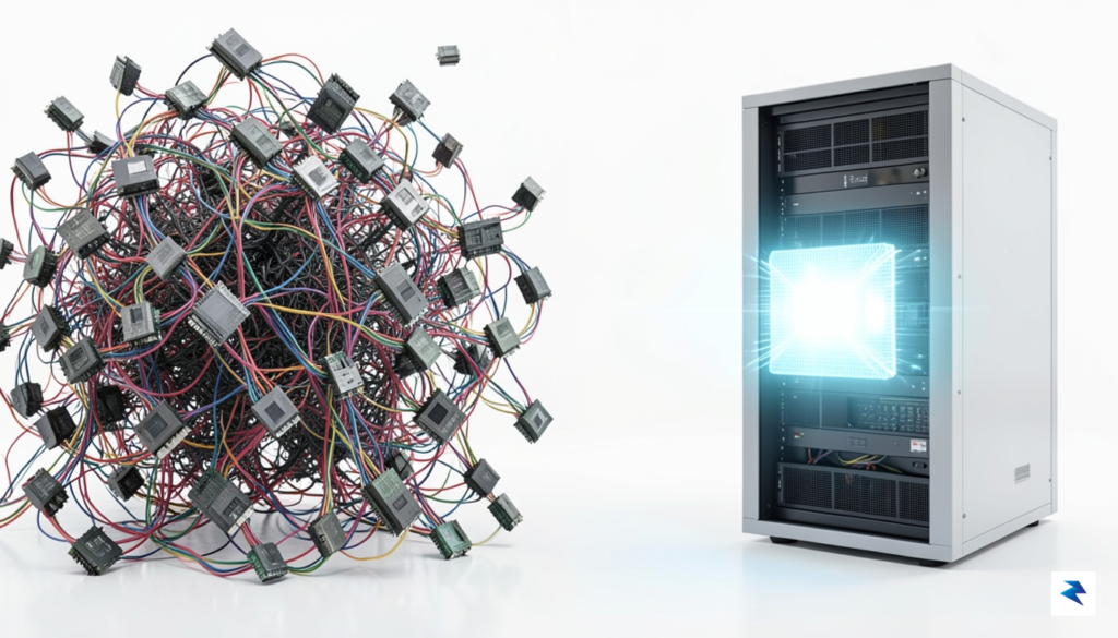 A conceptual visualization showing a comparison between a sprawling, complex&hellip;