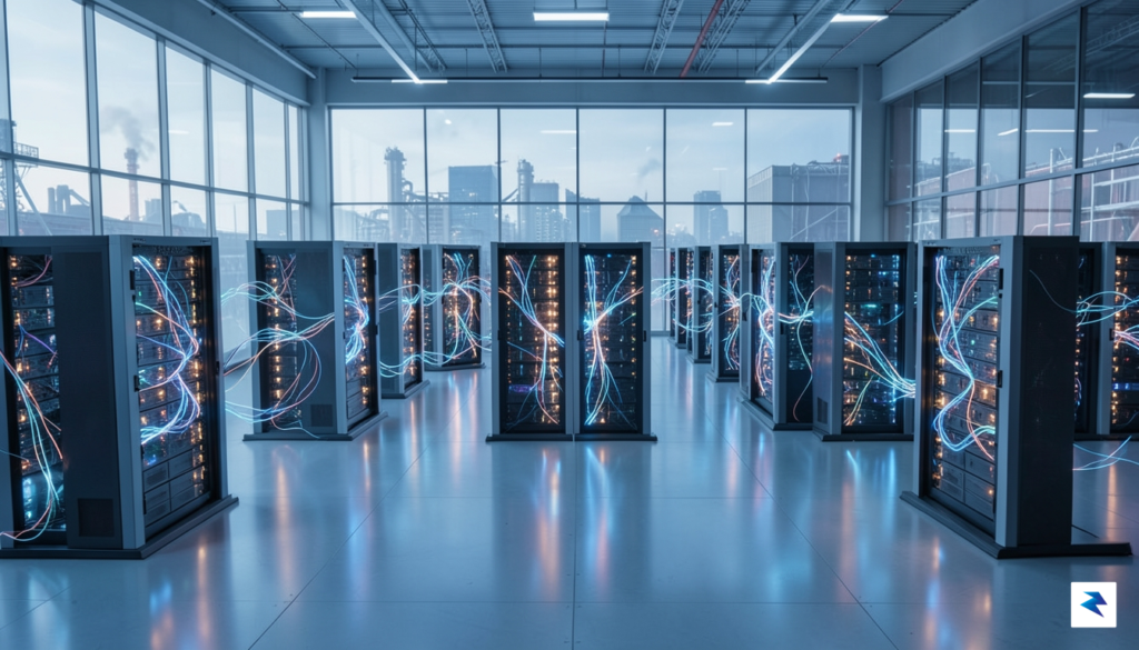A conceptual digital rendering showing a data center floor with&hellip;