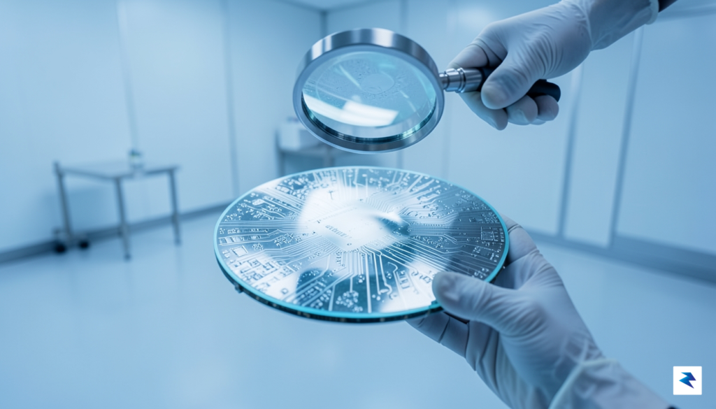 A close-up, high-tech photograph of a large wafer-scale AI processor&hellip;