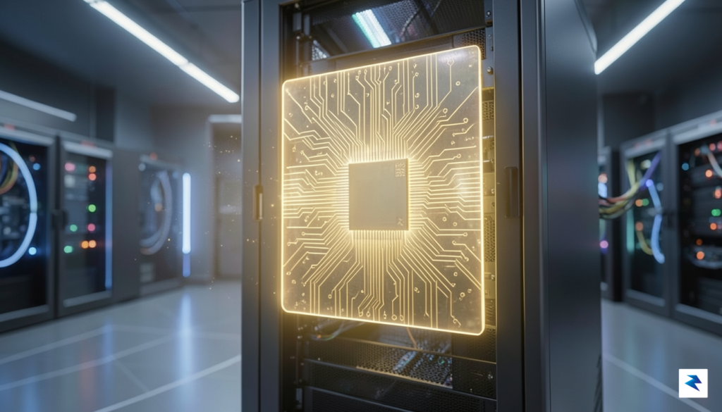 A conceptual visualization of a massive, glowing silicon wafer-scale chip&hellip;