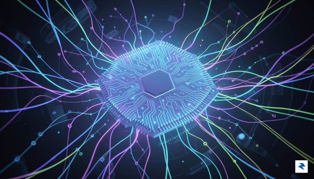 A conceptual digital illustration showing a glowing, massive semiconductor wafer&hellip;