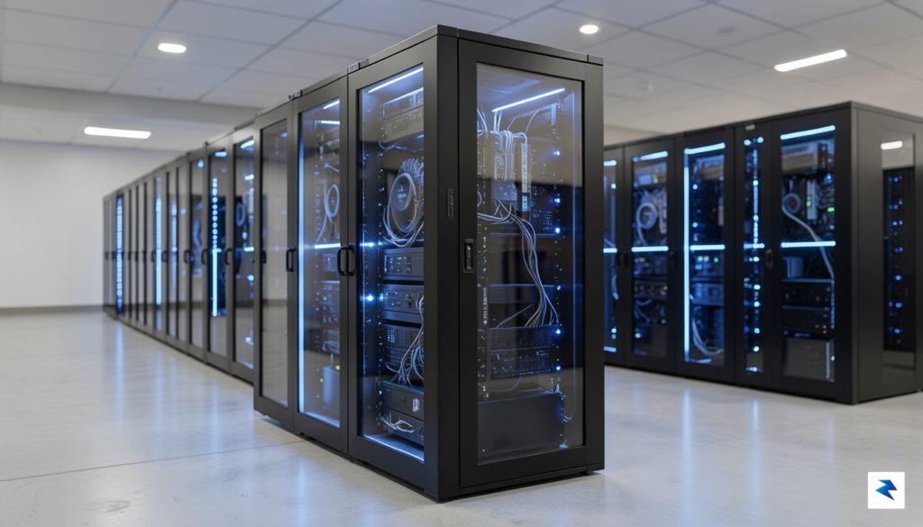 A sleek, high-tech server room rack glowing with blue light,&hellip;