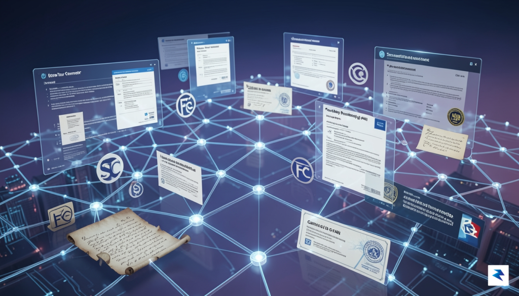A detailed illustration of various digital compliance documents, legal scrolls,&hellip;