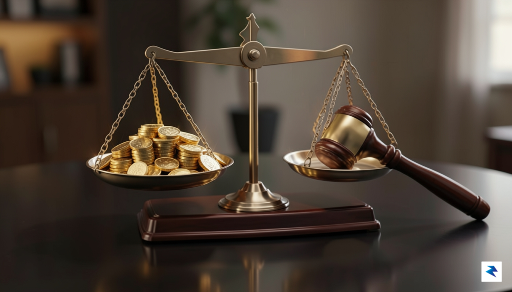A conceptual illustration showing a digital scale balancing a pile&hellip;
