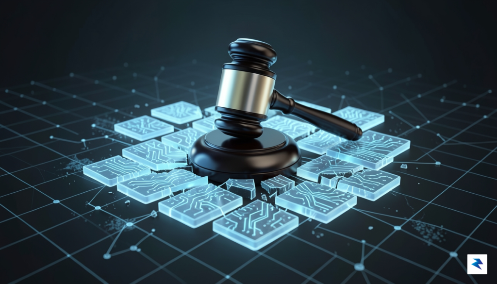 A conceptual illustration showing a digital gavel resting on top&hellip;