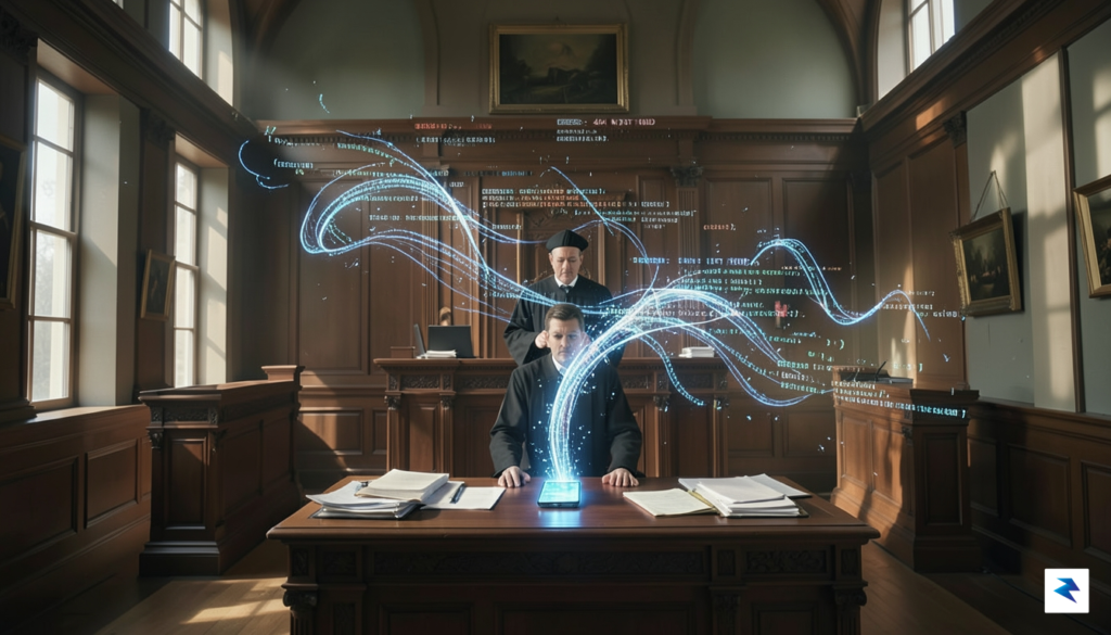 A conceptual digital art piece showing a courtroom scene where&hellip;