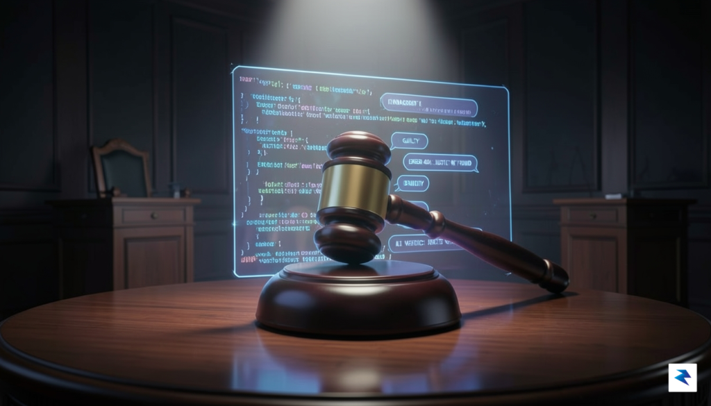 A conceptual digital art piece showing a courtroom gavel resting&hellip;
