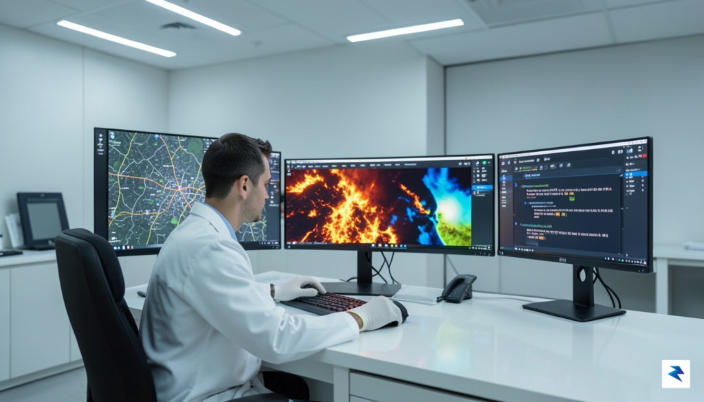 A digital forensic expert working in a sterile office, looking&hellip;