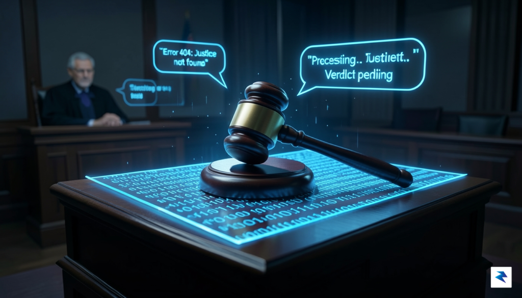 A conceptual digital art piece showing a courtroom gavel resting&hellip;