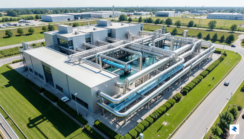 An aerial view of a large-scale municipal water treatment facility&hellip;