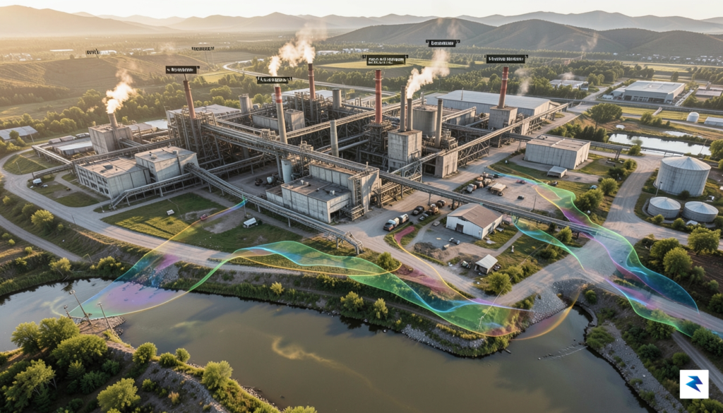 A detailed aerial view of a sprawling industrial manufacturing plant&hellip;