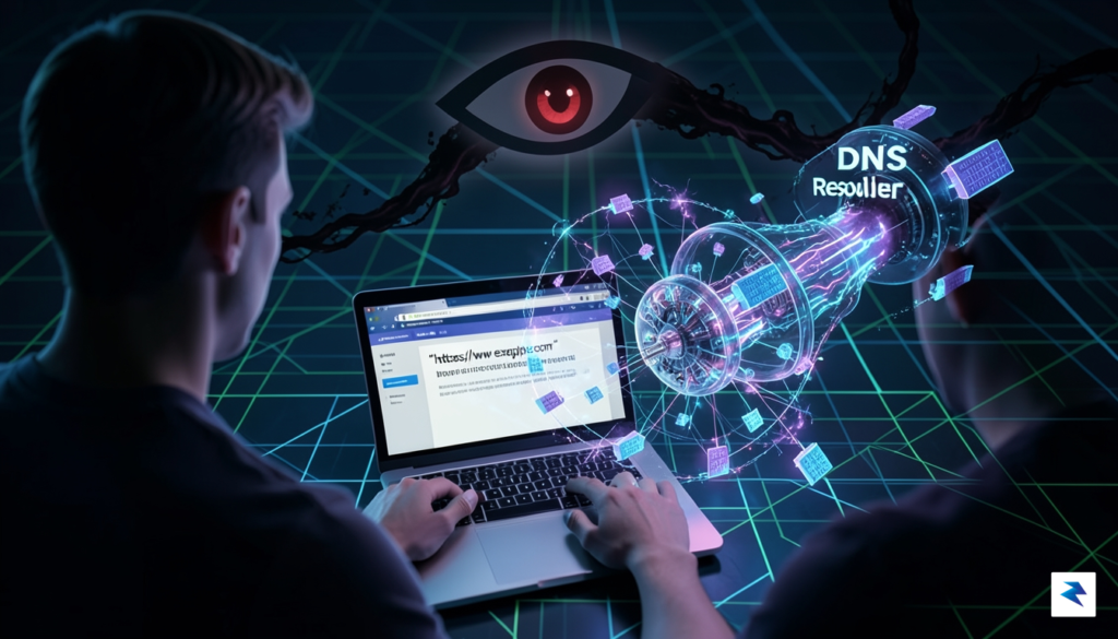 A conceptual digital illustration showing a person typing a web&hellip;