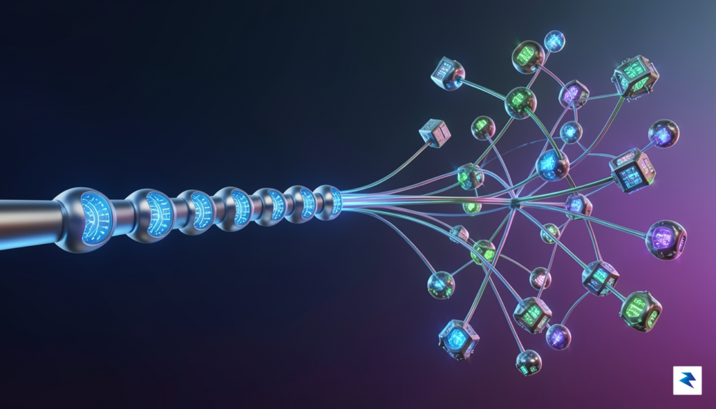 A conceptual digital illustration showing a complex network of interconnected&hellip;