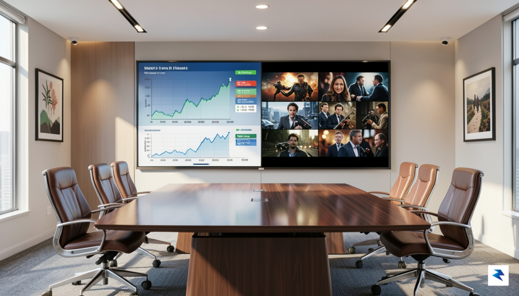 A digital illustration showing a corporate boardroom with a glowing,&hellip;
