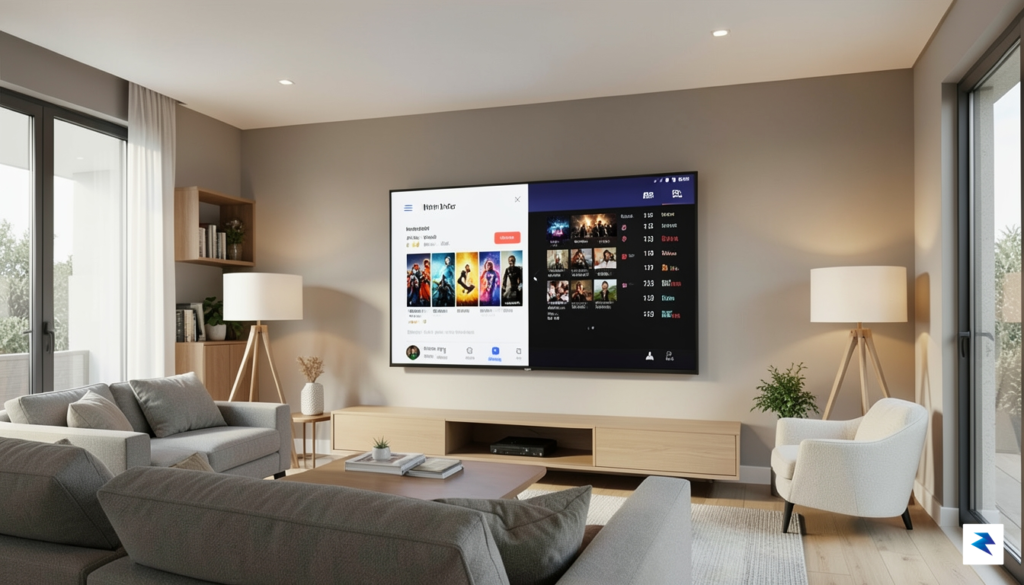 A modern living room scene featuring a large television screen&hellip;