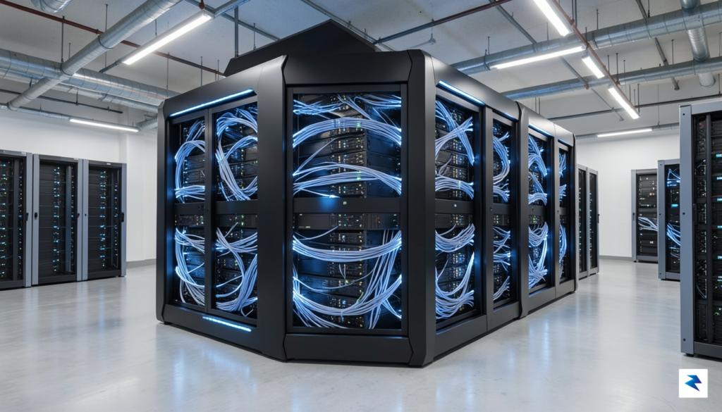 A modern, high-tech fiber optic network hub glowing with blue&hellip;