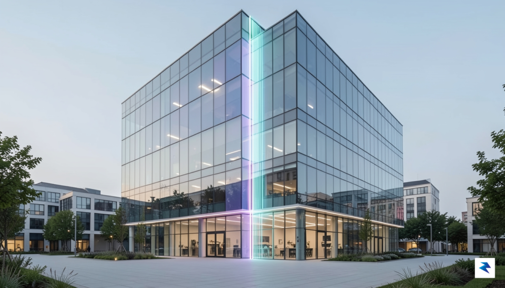 A modern, minimalist glass office building split in two by&hellip;