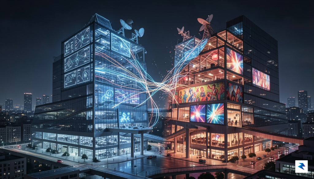 A wide-angle digital illustration showing a large, complex corporate building&hellip;
