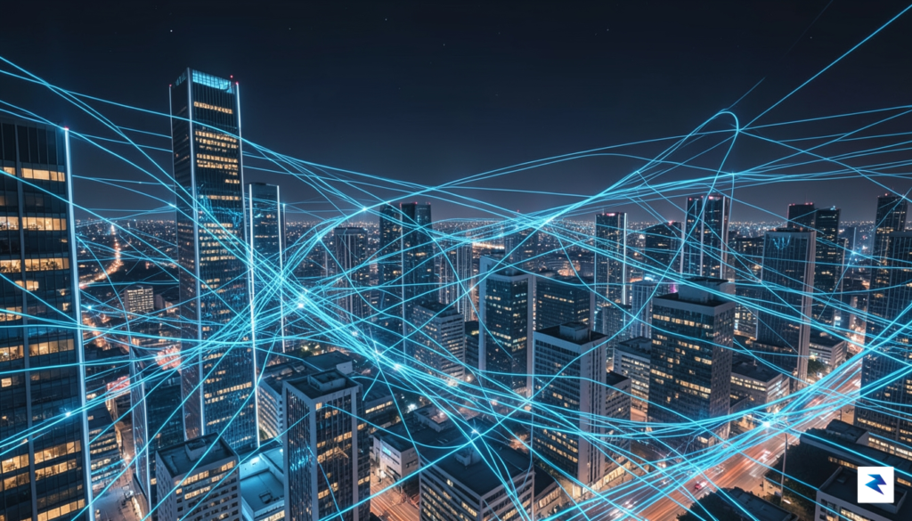 A conceptual digital illustration showing a glowing fiber-optic network spreading&hellip;
