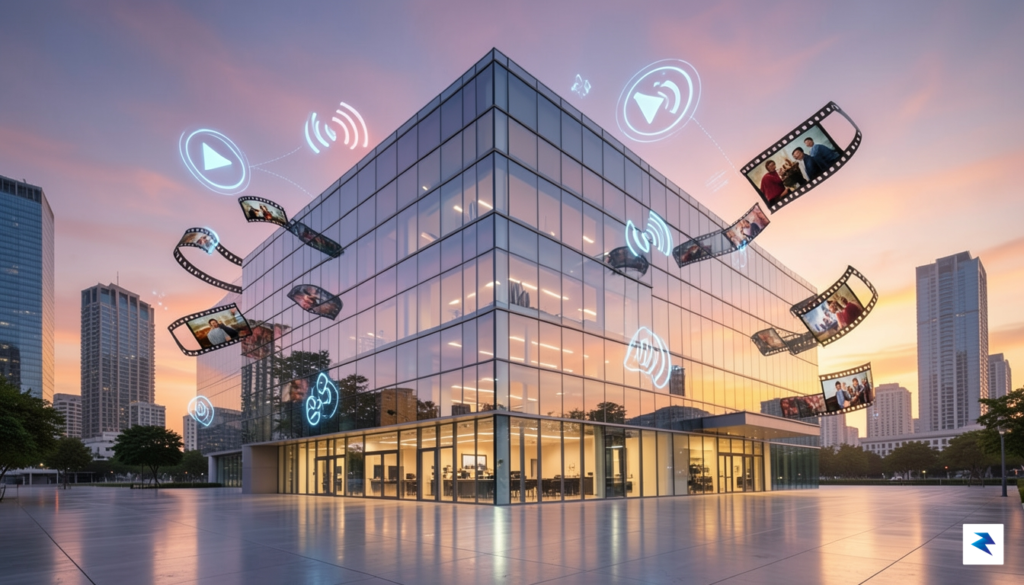 A modern, sleek glass corporate headquarters building representing a media&hellip;