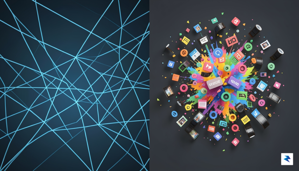 A conceptual digital illustration showing a geometric split between a&hellip;