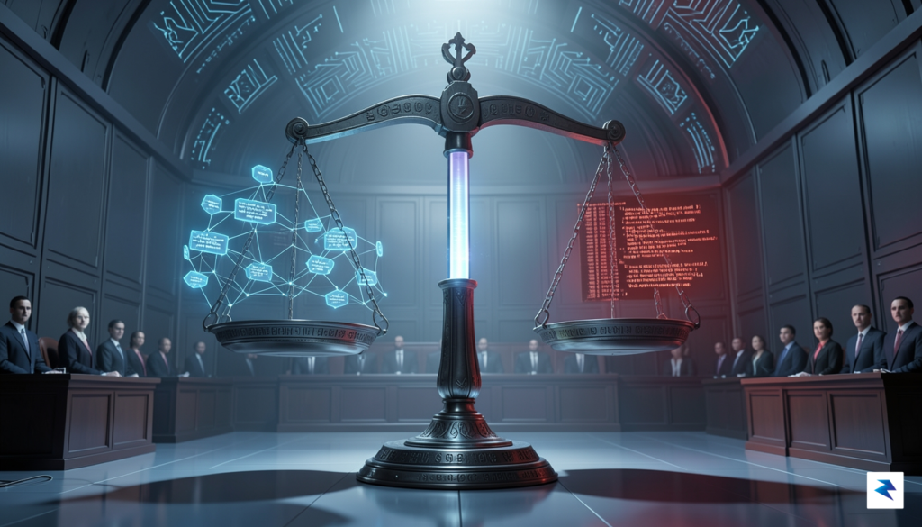 A digital illustration depicting a futuristic courtroom where a glowing,&hellip;
