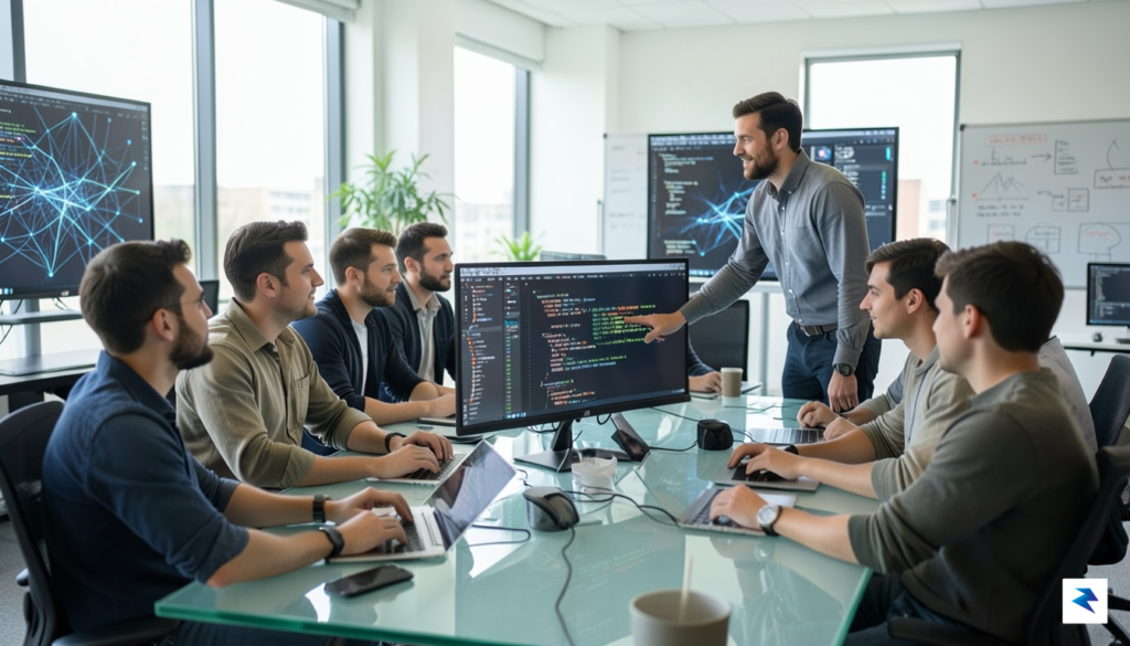 A diverse group of software developers intently reviewing lines of&hellip;