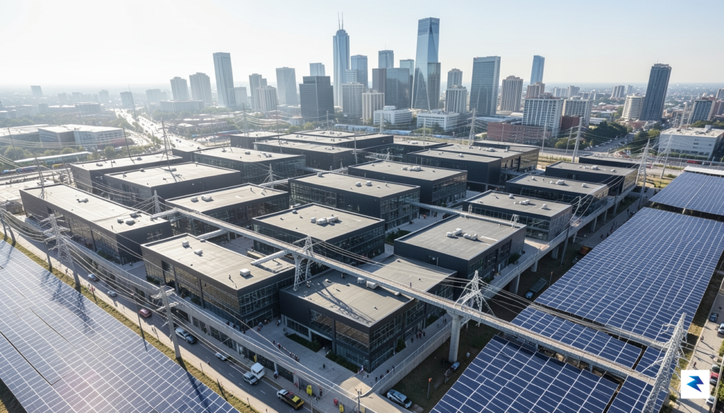 An aerial view of a massive, modern data center complex&hellip;