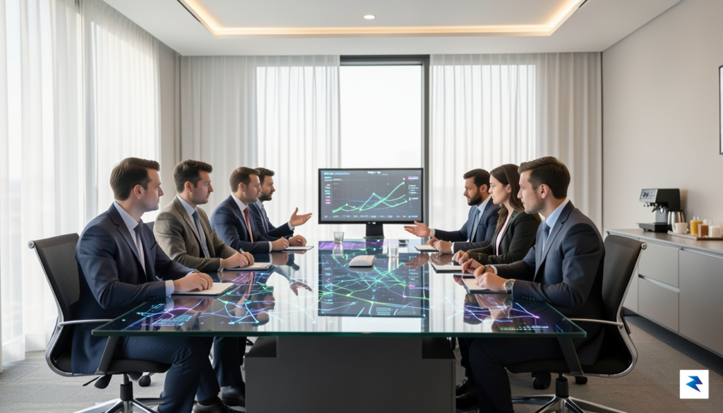 A conceptual image of a modern boardroom where digital data…