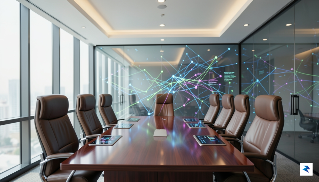 A professional, modern boardroom setting with digital nodes and data…