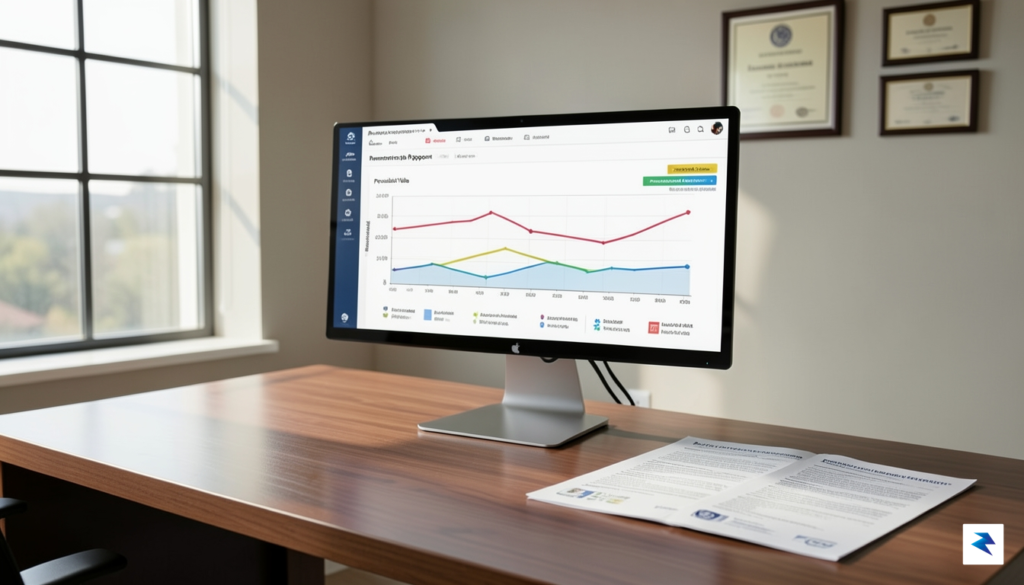 A professional office setting showing a digital dashboard of retirement&hellip;