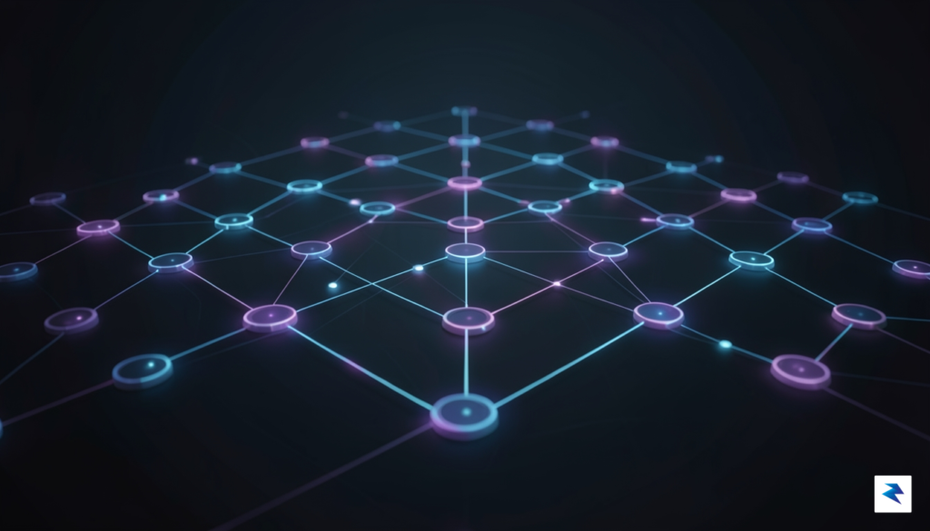 A digital visualization of a blockchain network with glowing nodes&hellip;