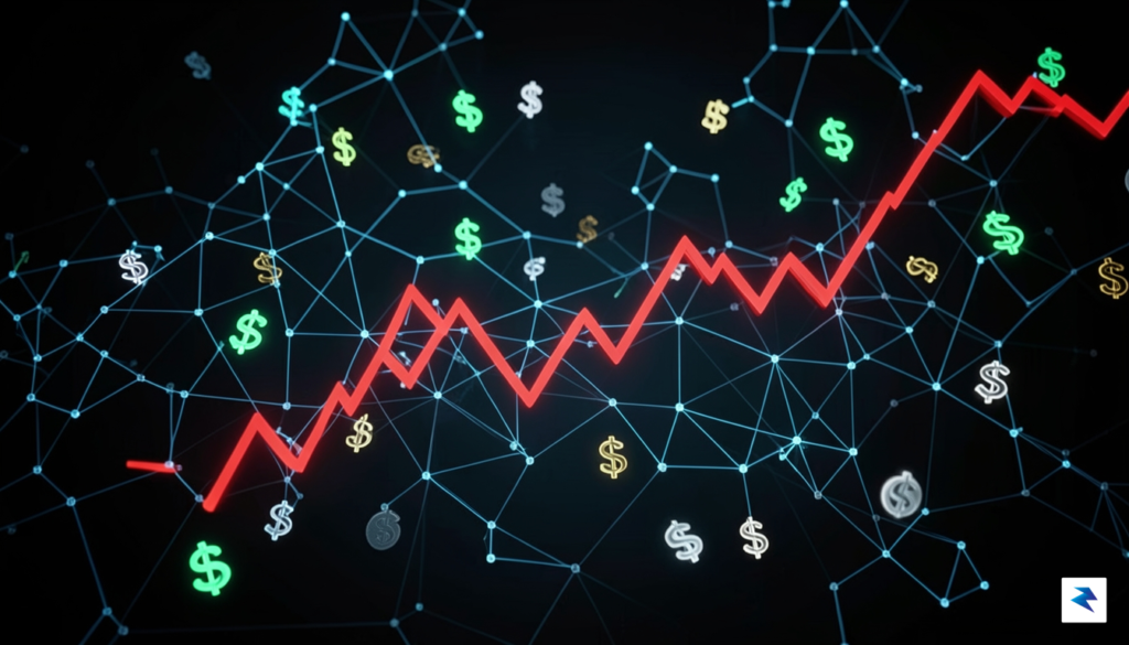A digital rendering showing a turbulent stock market ticker graph&hellip;