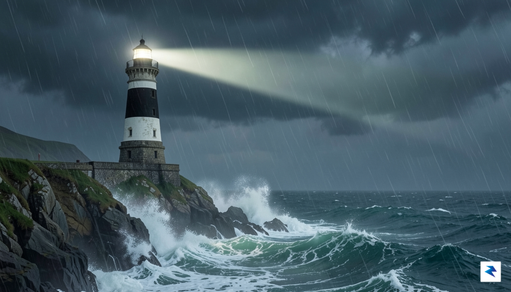 A digital illustration of a calm, steady lighthouse beam cutting&hellip;
