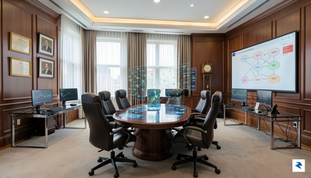 A modern, high-tech Washington D.C. office setting with digital holograms&hellip;