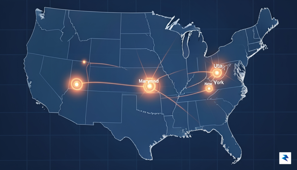 A digital map of the United States with glowing nodes&hellip;