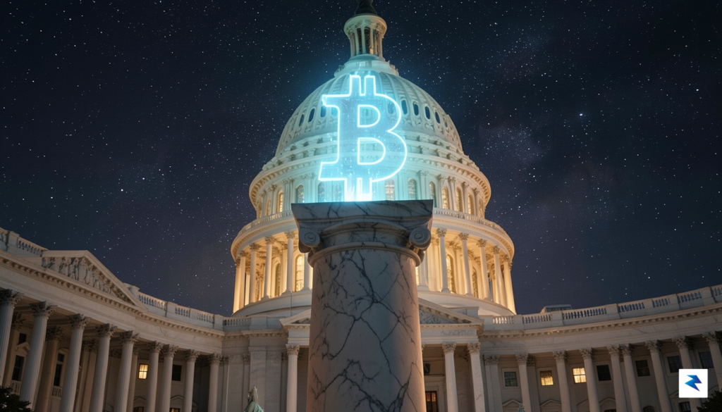 A conceptual digital illustration showing a glowing, translucent Bitcoin symbol&hellip;