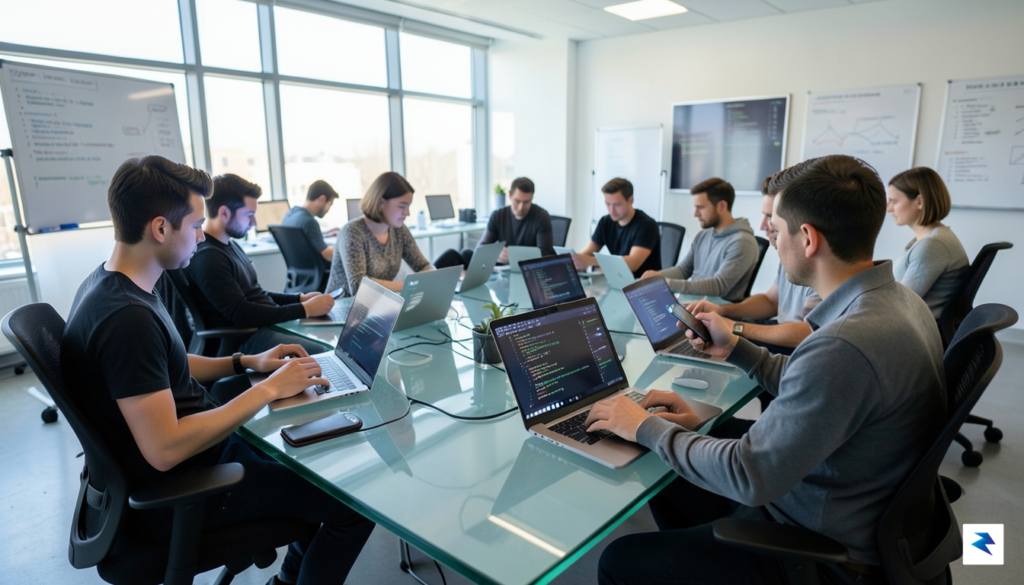 A diverse group of developers, some working on laptops, others&hellip;