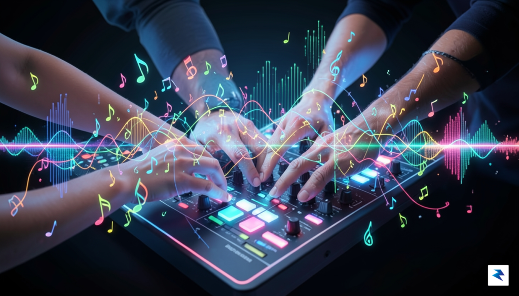 A vibrant, abstract image showing musical notes and digital waveforms&hellip;