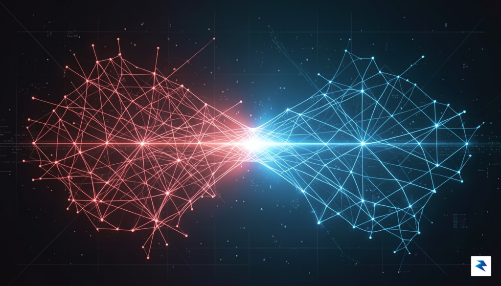 A conceptual illustration showing a digital network map being reconfigured,…