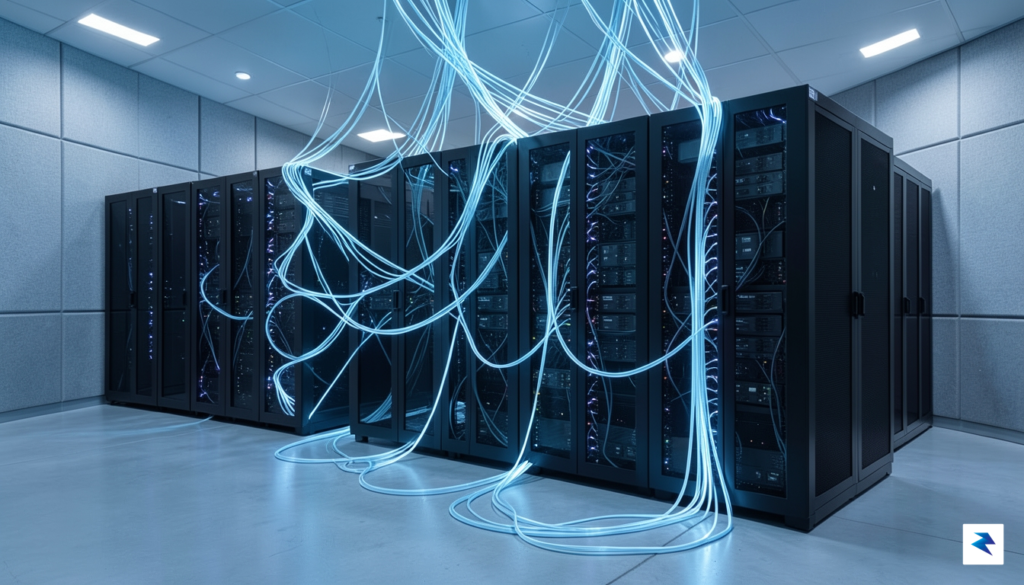 A modern, high-tech server room with fiber optic cables illuminated…