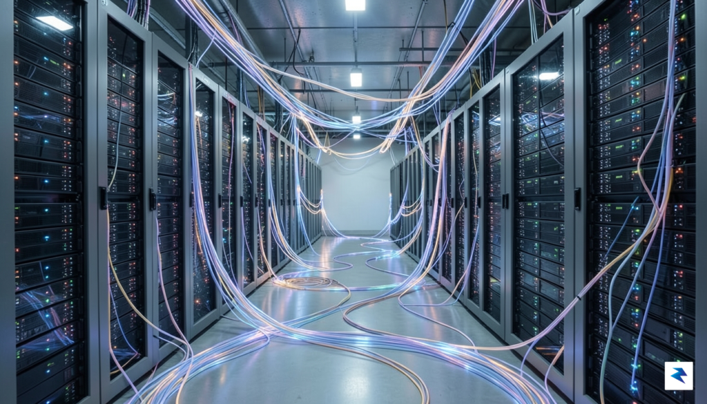 A modern, high-tech telecommunications data center with glowing fiber optic…