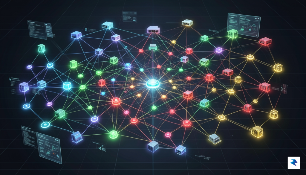 A conceptual digital illustration showing a complex, interconnected telecommunications network…