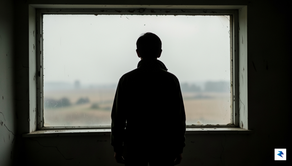 A somber, high-contrast photograph of a person looking out of&hellip;