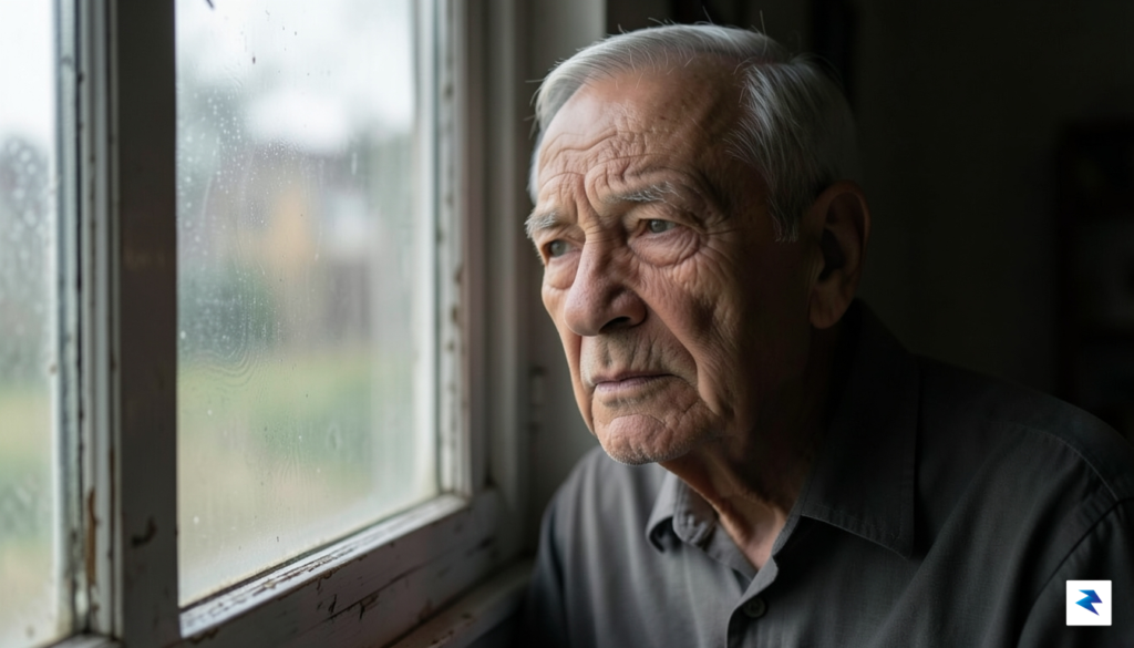 A poignant, high-resolution photograph of a elderly man looking through&hellip;