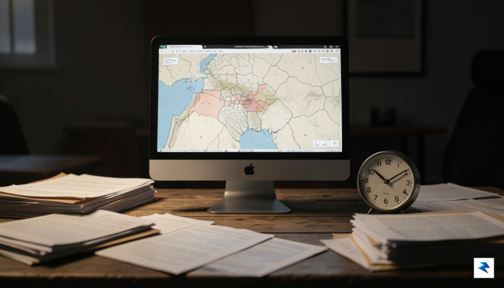 A close-up, dimly lit view of a desk cluttered with&hellip;